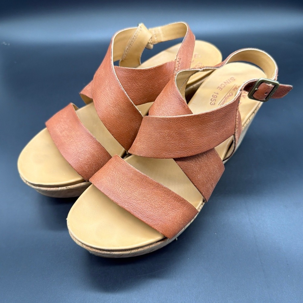 Kork-Ease Tan Brown Leather Crisscross Cork Wedge Sandals K61306 Womens 8M